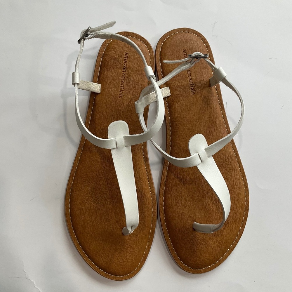 Amazon Essentials Thong Sandals White T-Strap Ankle Buckle Flat Sz 10 Minimalist